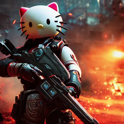 Prompt: Hello Kitty in Gears of War, splash art, movie still, detailed face, cinematic lighting, color, dramatic, octane render, long lens, shallow depth of field, bokeh, anamorphic lens flare, 8k, hyper detailed, 35mm film grain