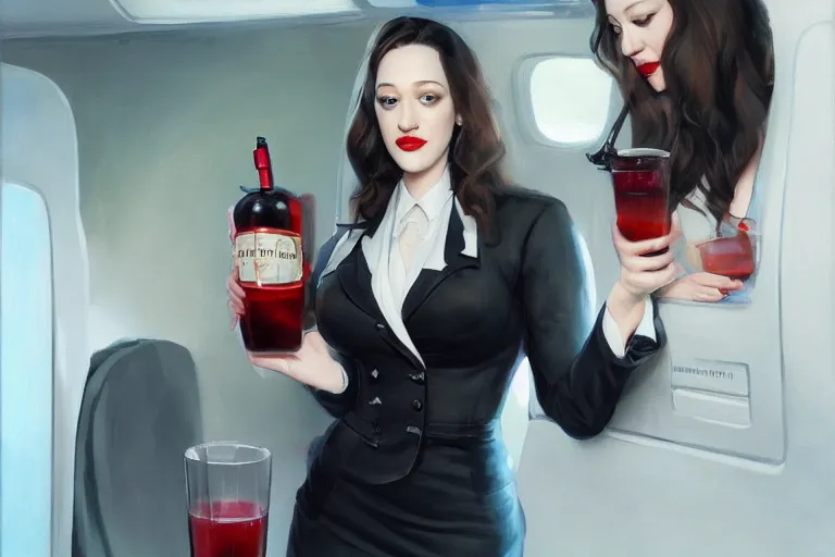 Image similar to A portrait of a Kat Dennings as a seductive flight attendant serving drinks on a plane Ruan Jia and Mandy Jurgens and Artgerm and william-adolphe bouguerea, highly detailed, trending on artstation, award winning, H 768