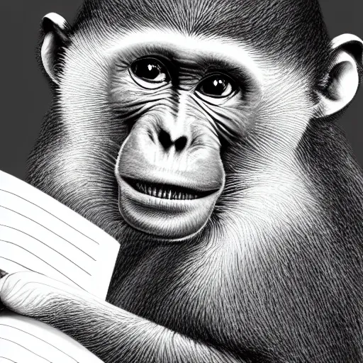 Image similar to monkey studying writing in a notebook, 4k, HD, Full-HD, Super-Resolution, by Laurie Lipton