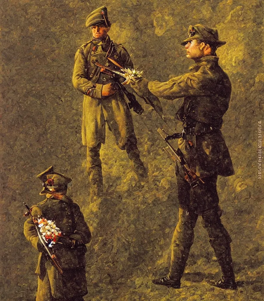 Image similar to an impasto oil painting of a soldier holding a flower instead of a gun painted by caspar david friedrich, high detail