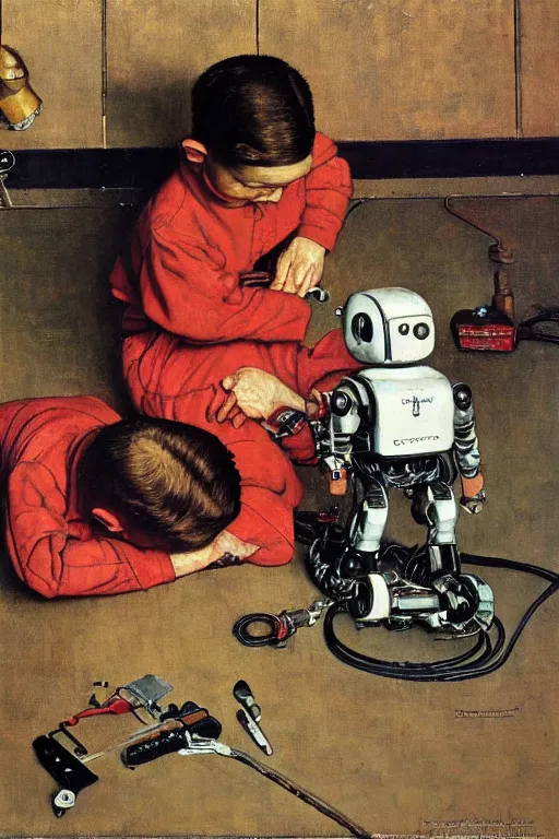 Prompt: a boy fixing his robot. high angle. oil on canvas. by Norman Rockwell.