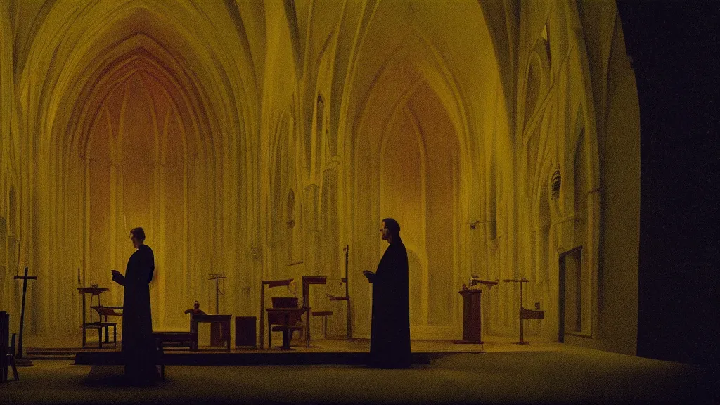 Image similar to church service, film still from the movie directed by denis villeneuve and david cronenberg with art direction by zdzisław beksinski and dr. seuss