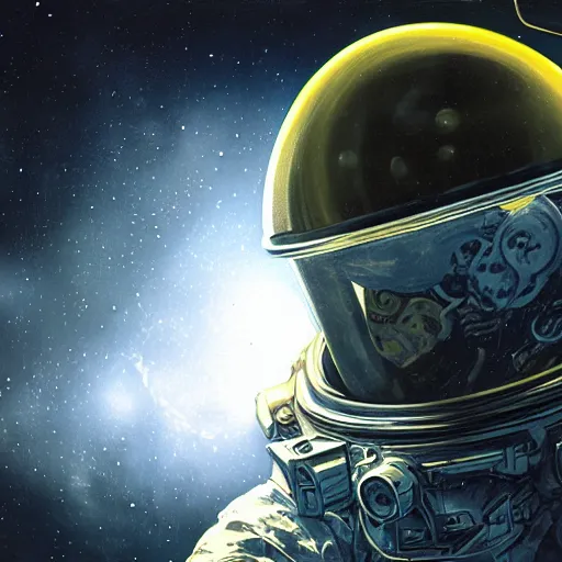 Prompt: deep space, cosmos reflecting on helmet, photorealistic, unreal engine 5, curly, dmt entity, monochrome, lithograph, astronaut, necrotech, medical diagram, craig mullins, yellow, maximalist, insane detail, decorative, ray trace, myron, michelangelo, yoshitaka amano