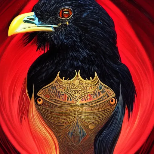 Image similar to Portrait of a Black Chicken in space, fire red comb, dark fantasy, intricate, elegant, highly detailed, digital painting, artstation, concept art, smooth, sharp focus, illustration, art by Sam Youn and Fernanda Suarez and Artem Demura and alphonse mucha