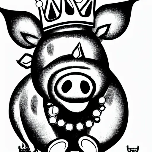 Image similar to black and white ink marker cartoon sketch of a pig in a crown by beeple