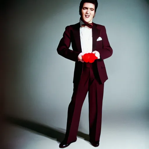 Image similar to elvis presley photo shoot, wearing a suit but the suit is made of fruit rollups, studio photography, 8 5 mm,