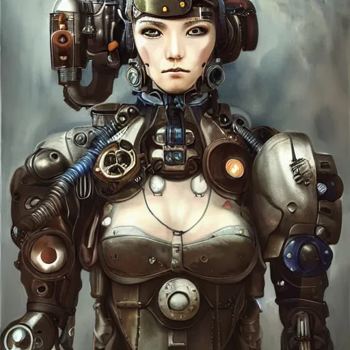 Image similar to portrait painting of a steampunk cyborg superhero, transhumanism, ultra realistic, concept art, studio ghibli, intricate details, eerie highly detailed