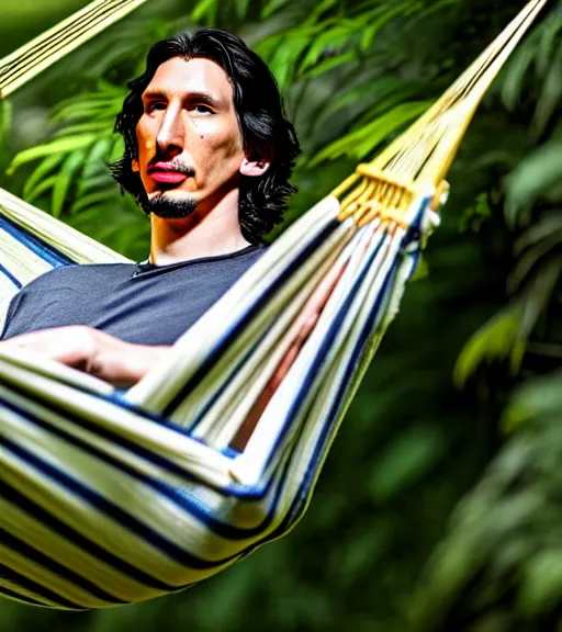 Prompt: a nature photograph of adam driver as a sloth resting in a hammock in his garden, sharp focus, long focal length, brightly lit