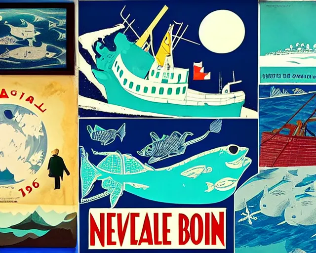 Image similar to footage of a theater stage, 1956 poster, cut out collage, La Nouvelle Vague, break of dawn on Neptun, epic theater, arctic fish, nautical maps, NY style grafitti, in style of ghibli, composition by Addy Campbell, written by Roald Dahl, lens flare