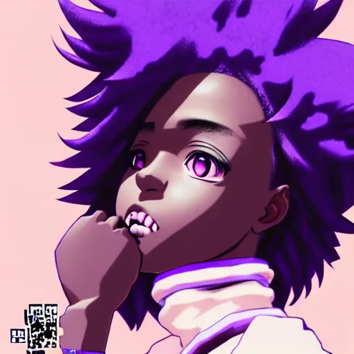 Image similar to portrait of black anime manga girl, boxer punch pose, french bob hair, white hair, wearing camo, purple eyes, by gustave dore, vaporwave colors, lofi colors, vaporwave, lofi, goth vibe, 4 k, smooth, hd, substance designer render, full body character concept art, symmetrical, 2 point lighting,