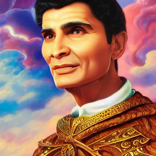 Image similar to a detailed fantasy character portrait of abdel halim hafez as god of art by lauri blank, artgerm, evelyn de morgan, 8K, 50mm lens