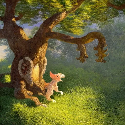 Prompt: A cute kobold is enjoying the sweet summer air under the shade of a great oak tree in summer. trending on Pixiv. trending on ArtStation. A vibrant digital oil painting. A highly detailed fantasy character illustration by Wayne Reynolds and Charles Monet and Gustave Dore and Carl Critchlow and Bram Sels