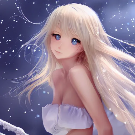 Prompt: winter picture : a shivering very beautiful young blond anime girl, detailed sky blue eyes, cute, bikini, white miniskirt, highly detailed, cinematic wallpaper by stanley artgerm lau