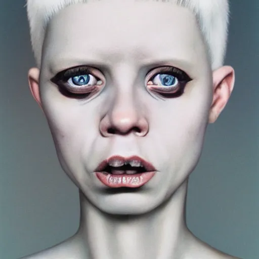 Prompt: realistic expired kodak film portrait of female albino yolandi visser, hyperrealism, hypermaximalism, photorealistic, detailed, atmospheric, 8 k, award winning photography, cinematic