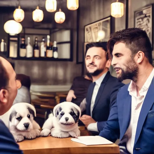 Image similar to a group of cute puppies wearing three piece suits having a discussion inside of a bar, 8k, cinematic, detailed,