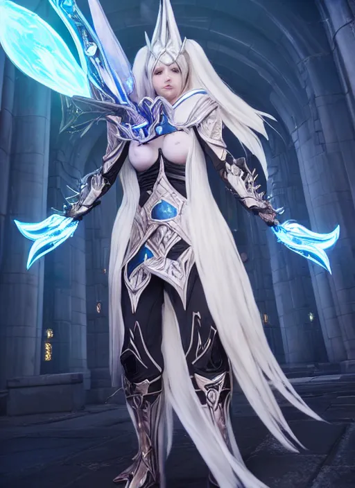 Prompt: photo of a sorceress near mage tower, warframe armor!!, fantasy, white hair, anime, professionally color graded, interesting angle, sharp focus, 8 k high definition, insanely detailed, intricate, intelligent, art by akihiko yoshida and shirotaka