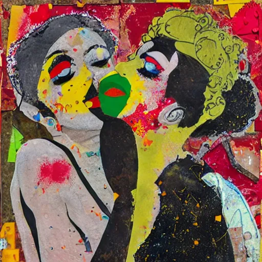 Image similar to two horrifying women kissing at a carnival, mixed media collage, retro, paper collage, magazine collage, acrylic paint splatters, bauhaus, abstract claymation, layered paper art, sapphic visual poetry expressing the utmost of desires by jackson pollock