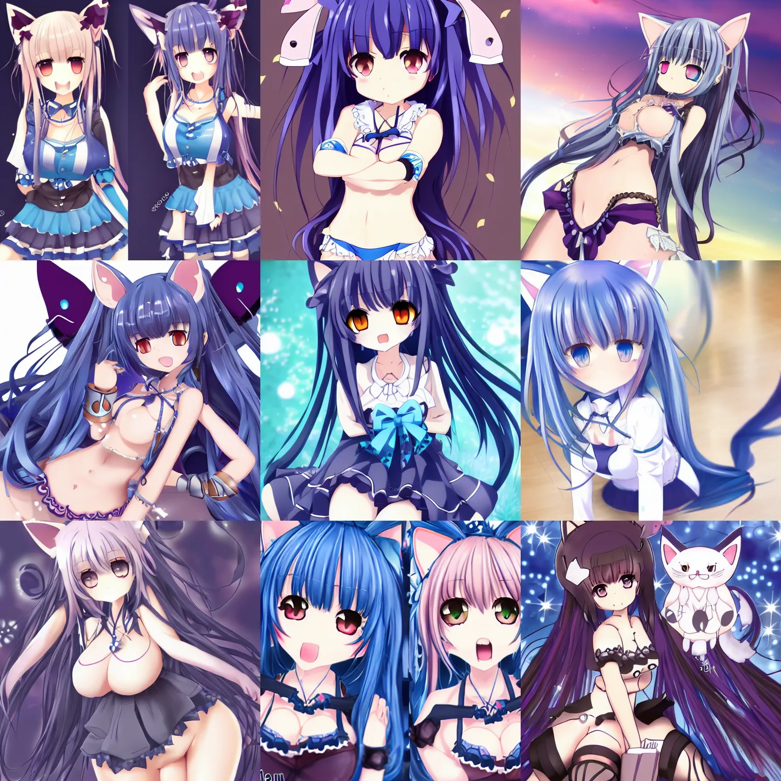 Prompt: nekopara vn anime art blue hatr cat girl nekomimi