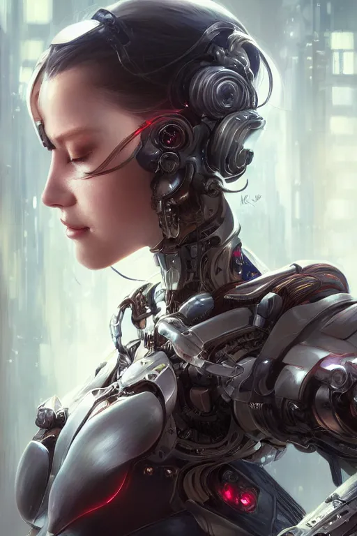 Image similar to Portrait of beautiful smiling Ultra realistic illustration, beautiful alluring female cyborg, cyberpunk, sci-fi, fantasy, intricate, elegant, highly detailed, digital painting, artstation, concept art, smooth, sharp focus, illustration, art by Yintion J , Jiang Geping and artgerm and greg rutkowski and alphonse mucha.