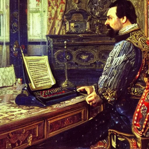Image similar to russian tsar Peter The Great 18th century reinstalls operatins system on desktop computer by vasnetsov and surikov serov, JEAN-VICTOR BERTIN, by Terence Cuneo, detailed, artfully traced, 4k resolution, cinematic, dramatic