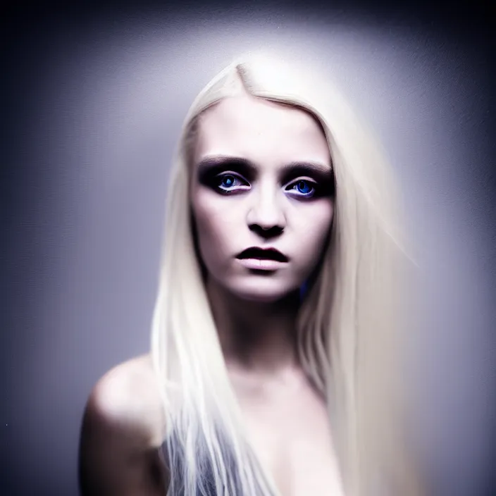 Image similar to a young woman with long blond hair dressed in white, fine art photography light painting in style of Paolo Roversi, professional studio lighting, dark blur background, hyper realistic photography, fashion magazine style