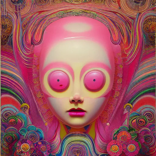 Prompt: the queen of pink by takashi murakami and zdzisław beksiński, oil on canvas, intricately detailed artwork, full 8k high quality resolution, recently just found unknown masterpiece