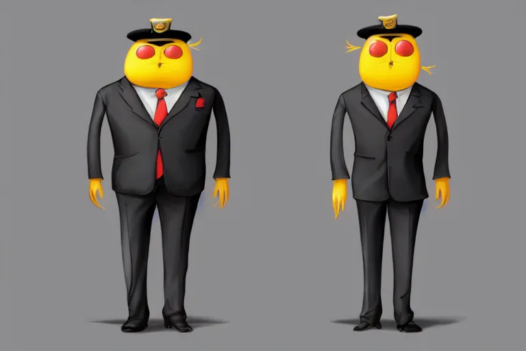 Prompt: flat 2 d : : very muscular cockroach character securityguard : : black suit tie : : head torso legs feet : : lorax movie : : artstation