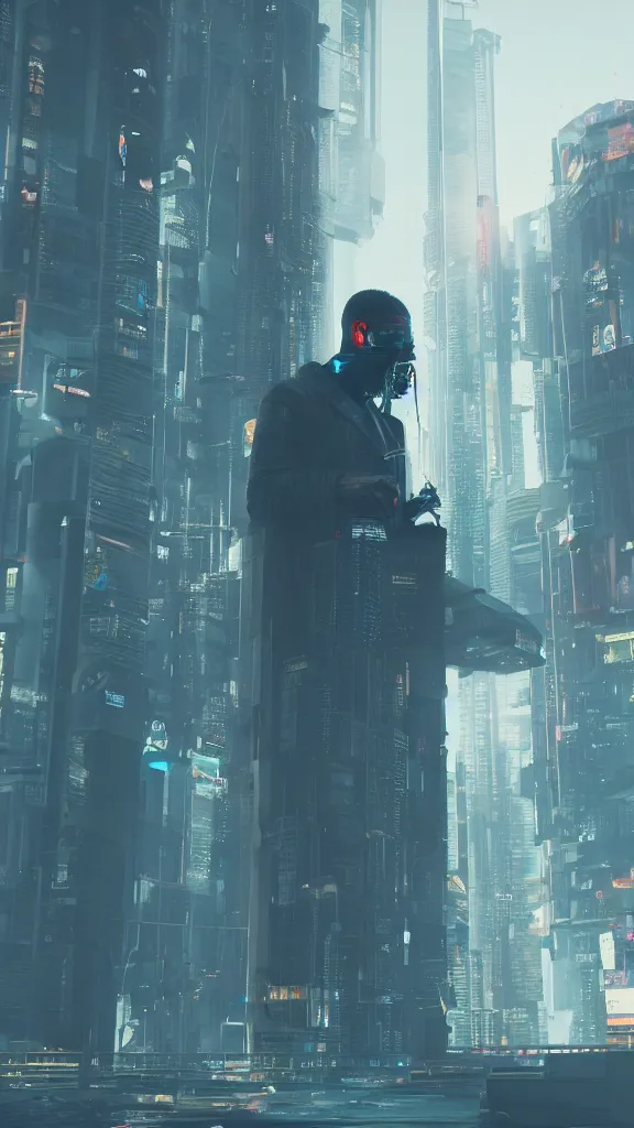 Image similar to a cyberpunk futuristic man smoking cigarettes behind a cyberpunk city, 8 k, sharp, detailed, photorealistic, octane render.