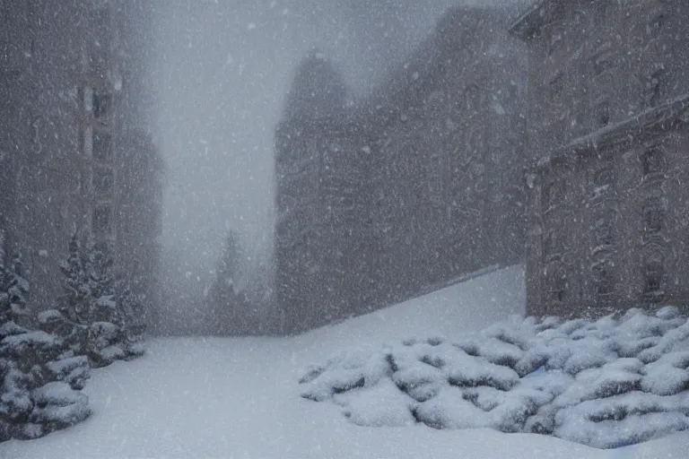 Prompt: The Shining Overlook Hotel, entrance, snow storm, scary, shattered windows, trending on artstation, realistic, cinematic composition, hyper realistic, highly detailed