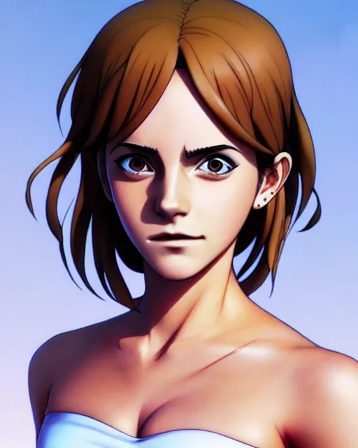 Image similar to emma watson as nami from one piece, simple cream dress, detailed perfect face, mid view, by artgerm, by studio muti, greg rutkowski makoto shinkai takashi takeuchi studio ghibli