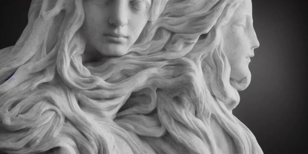 Prompt: analog photograph portrait of a marble statue of a young woman, long flowing hair, exhaling black smoke, heavy film grain, 8k, sheen, gloss, greyscale, white background, high contrast