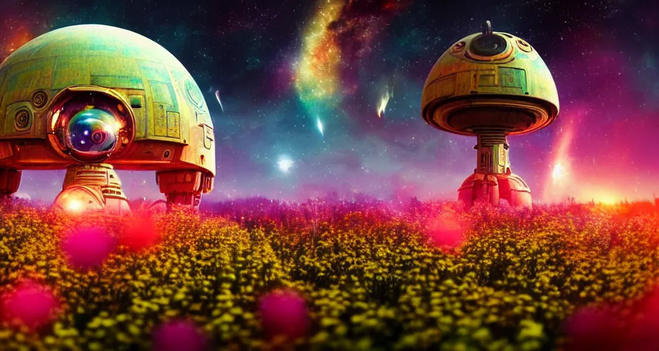 Image similar to a beautiful up close view of a mechanical mystical alien shrine in a field of multicolored colored flowers, underneath a star filled night sky, warm coloured, gigantic pillars and flowers, maschinen krieger, beeple, star trek, star wars, ilm, atmospheric perspective