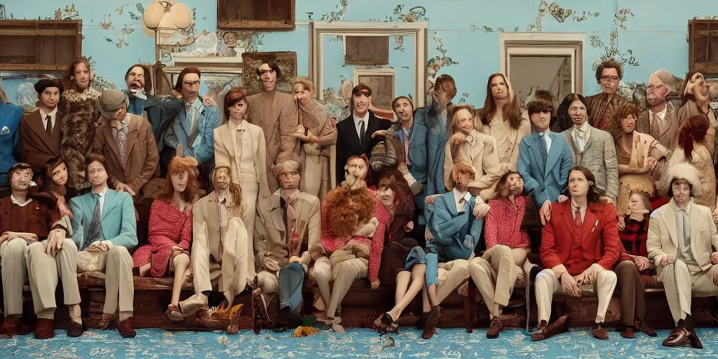 Image similar to beautiful still image from the set of the new Wes Anderson film, cinematic, wideangle