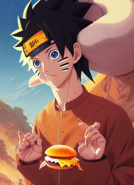 Image similar to highly detailed hamburger consuming naruto uzumaki with black hair, art by greg rutkowski, loish, rhads, ferdinand knab, makoto shinkai and lois van baarle, ilya kuvshinov, rossdraws, tom bagshaw, global illumination, radiant light, detailed and intricate environment