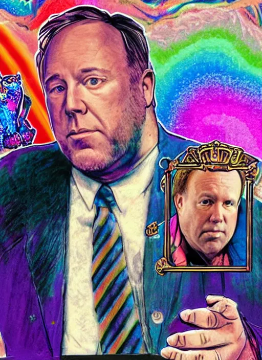 Image similar to old alex jones on the stand in court by lisa frank