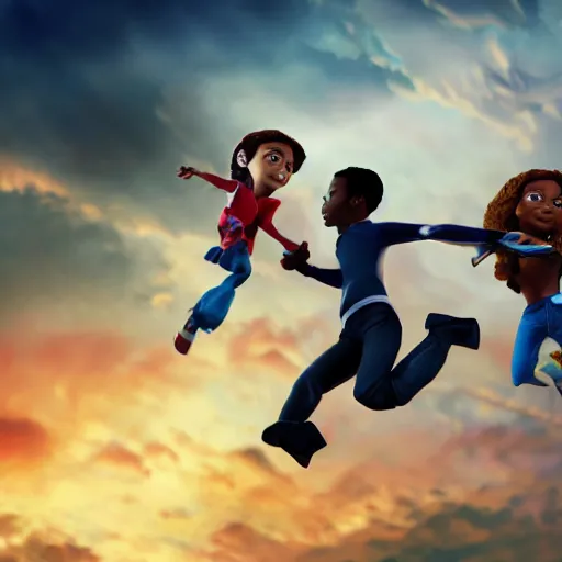 Image similar to stunning, coherent, impressive, detailed still of super black a family flying in clouds, follow shot, 3d, in the style of pixar, comic book style, 3d, highly detailed, sharp focus, bokeh, depth of field, 16k resolution, Unreal Engine 5, coherent, cinematic lighting, photorealistic, by Zhang Jingna