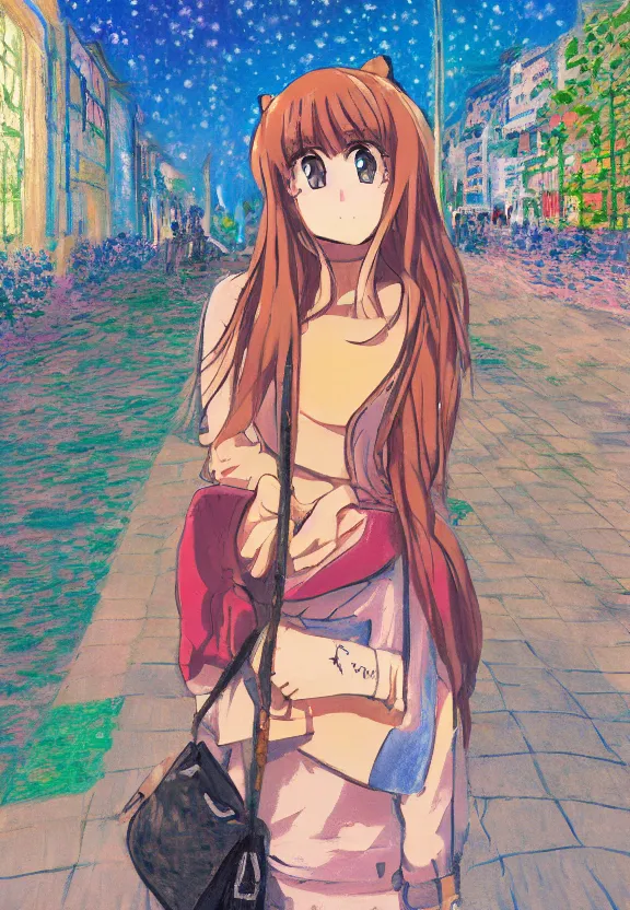 Image similar to wide angle portrait of a teenage girl, a thrifty outfit, somewhat of an anime in impressionist style, city street view background, starlit night sky, trending artwork, illustrated in anime painter studio, by claude monet and an anime artist, collaboration