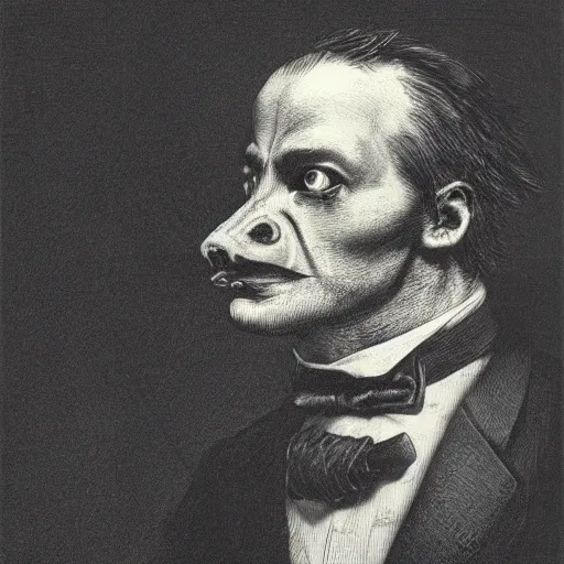 Prompt: a pig in a tuxedo, creepy atmosphere, dark, portrait, realistic portrait, beautiful, close up, very realistic, illustration by Gustave Doré