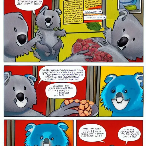 Prompt: a page of a comic book about koalas buying fruit