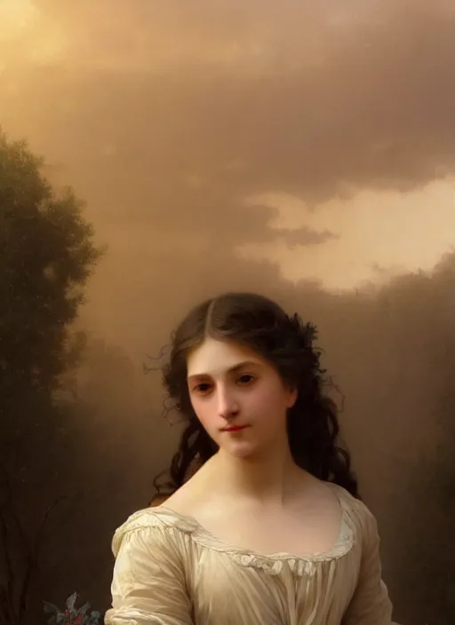 Image similar to oil painting close up portrait of a contemplative young provencale woman with long dark flowing hair in a dress made of white roses!! at sunset, hazy, digital art, chiaroscuro, artstation, cinematic, golden hour, digital art painting by greg rutkowski, william - adolphe bouguereau, hazy atmosphere, cinematic lighting