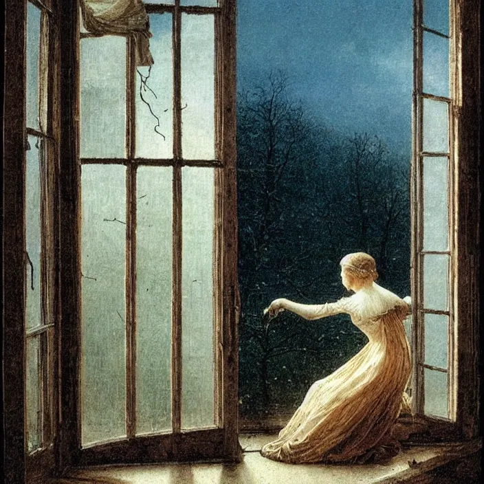 Image similar to painting of a broken window with a beautiful white woman on the outside by caspar david friedrich, at night