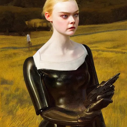 Image similar to Elle Fanning as an Android, oil on canvas, golden hour, in the world of Andrew Wyeth, artstation, by J. C. Leyendecker and Peter Paul Rubens,