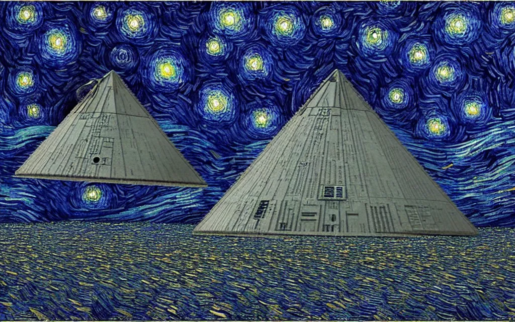 Image similar to star wars star destroyers in the sky of the starry night with by van gogh