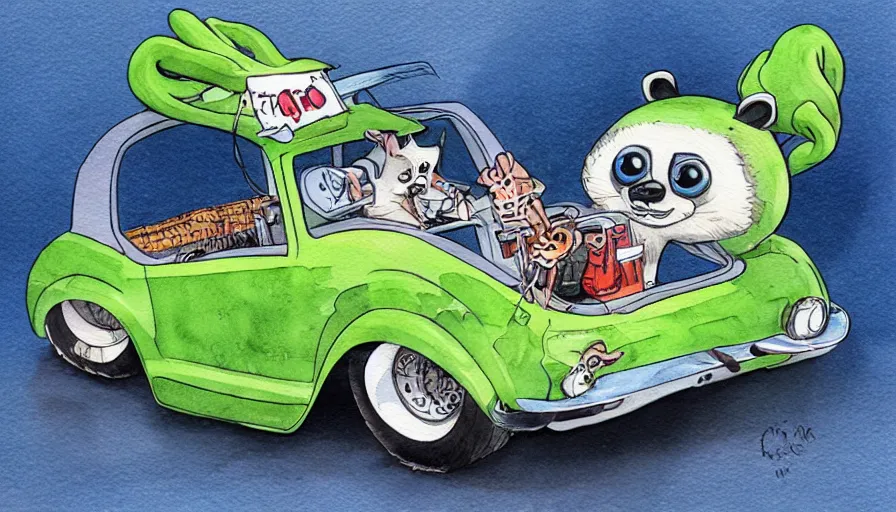 Prompt: cute and funny, racoon riding in a tiny hot rod coupe with oversized engine, ratfink style by ed roth, centered award winning watercolor pen illustration, by chihiro iwasaki, edited by range murata