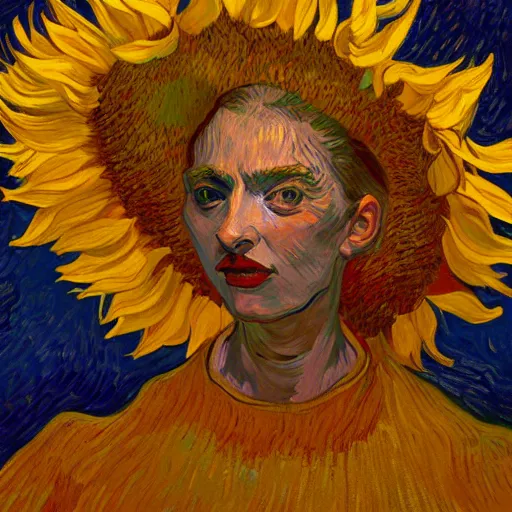 Image similar to closeup, giant sunflower head, woman standing in a room, surreal, dramatic light, impressionist painting, digital painting, artstation, van gogh