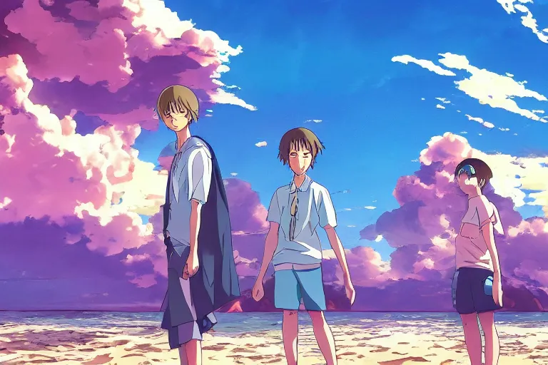 Image similar to cell shaded anime key visual of the beach episode in the style of studio ghibli, moebius, makoto shinkai, dramatic lighting