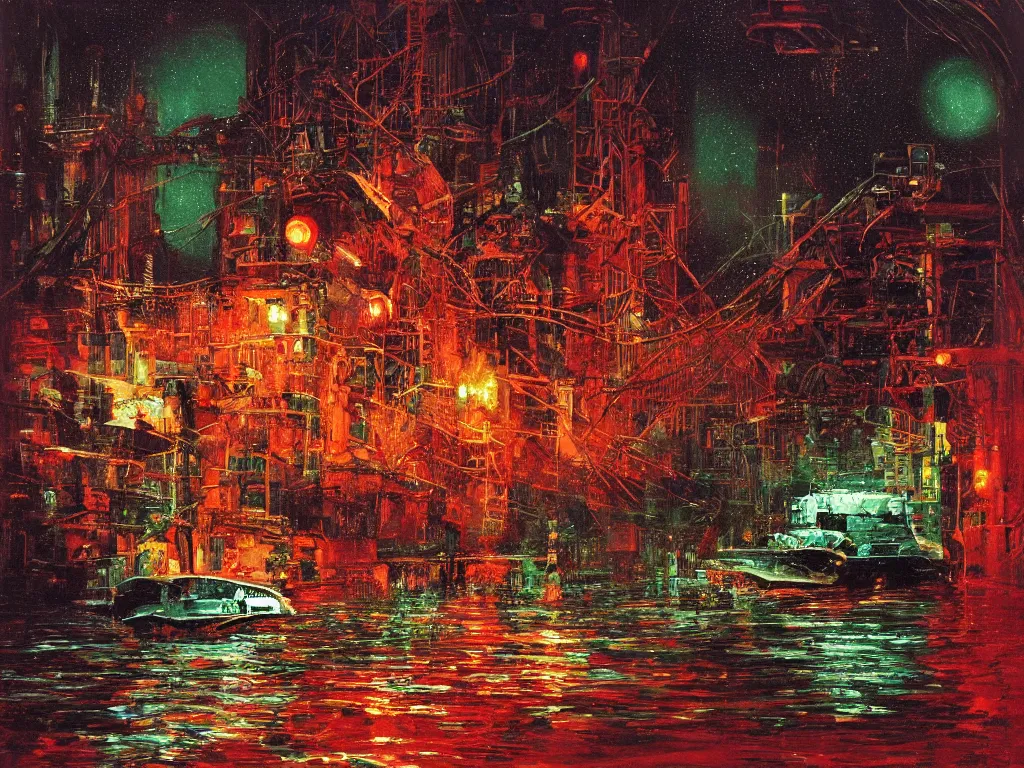 Image similar to river boats speeding between tree houses on flooded streets of new york painting, red and green palette, night lights, starry sky, by ( h. r. giger ) and paul lehr