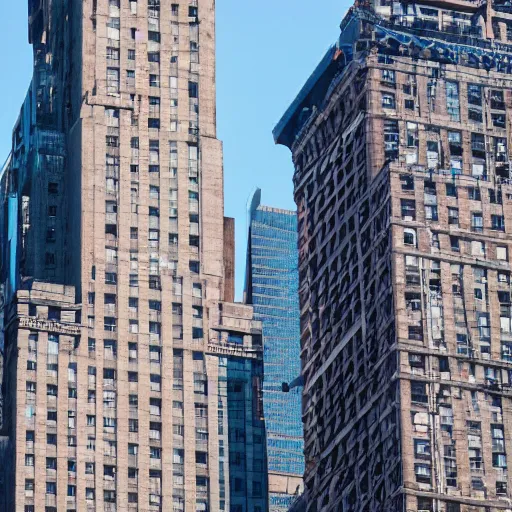 Prompt: a gigantic monkey towering over buildings in new york