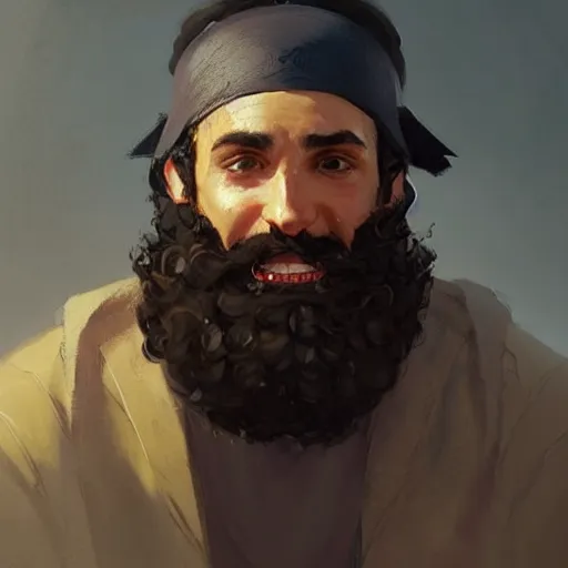 Prompt: a happy merchant jew wearing kippah!!!, black curly beard, black curly hair, hooked nose, by greg rutkowski, artstation, by artgerm, by wlop