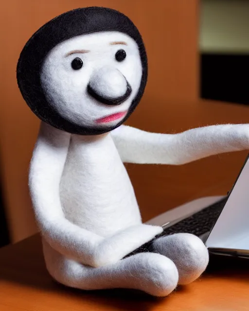 Image similar to sad puppet on the computer highly detailed felt. hyper real photo. 4 k.